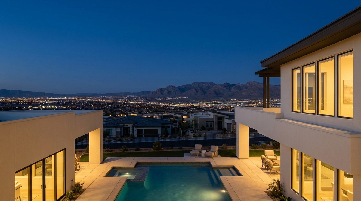 Modern home with a pool and hot tub overlooking the sparkling Las Vegas city lights and distant mountains at dusk.