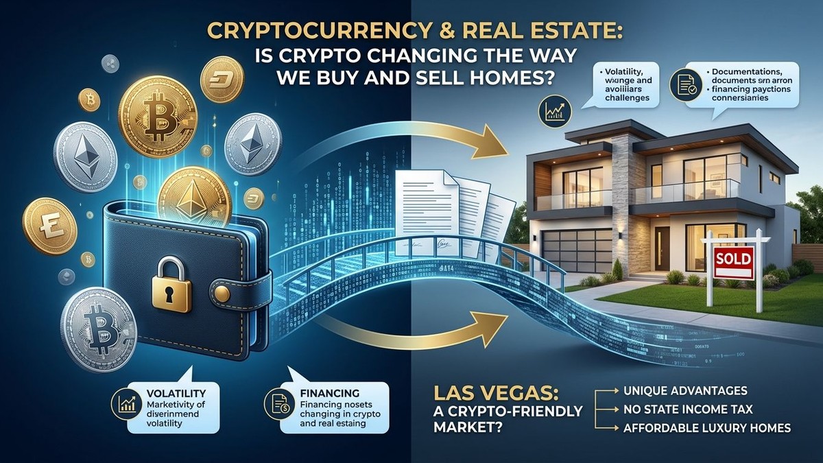 A digital wallet with a lock and various cryptocurrencies connects to a modern house with a "SOLD" sign via a data bridge.