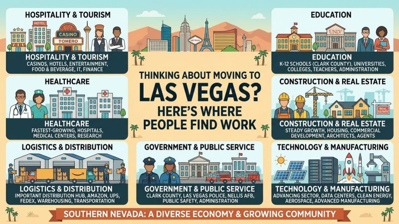 An infographic showing 7 Las Vegas industries: Hospitality, Healthcare, Logistics, Education, Construction, Government, and T