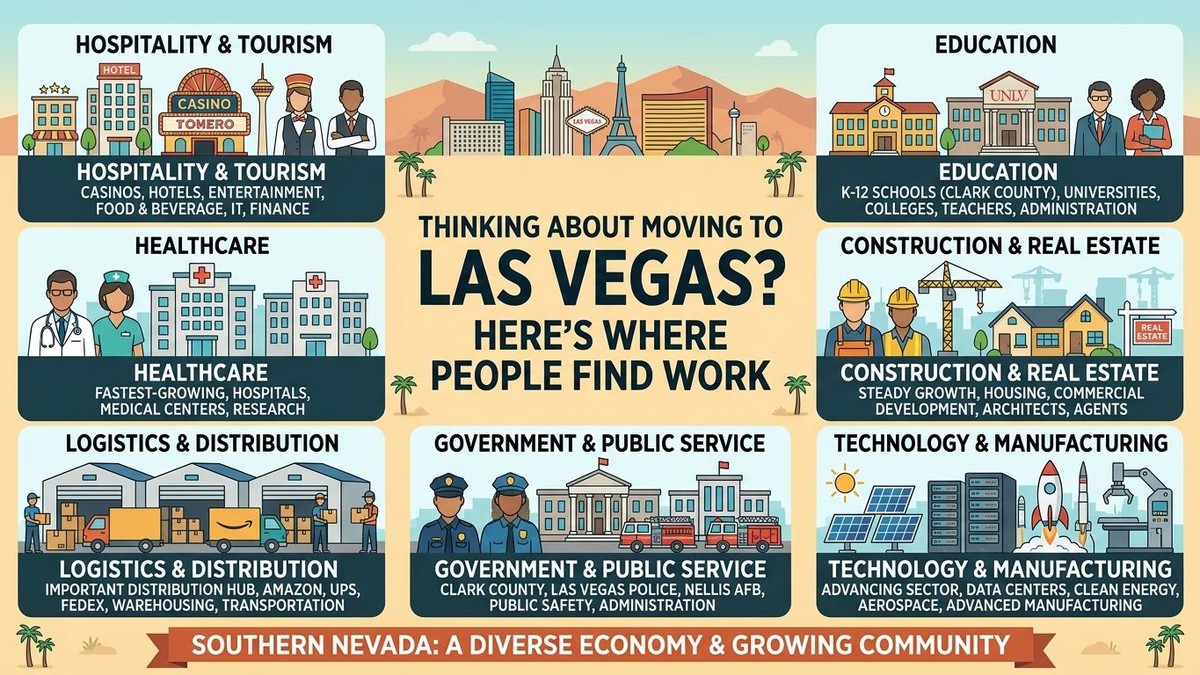 An infographic showing 7 Las Vegas industries: Hospitality, Healthcare, Logistics, Education, Construction, Government, and T