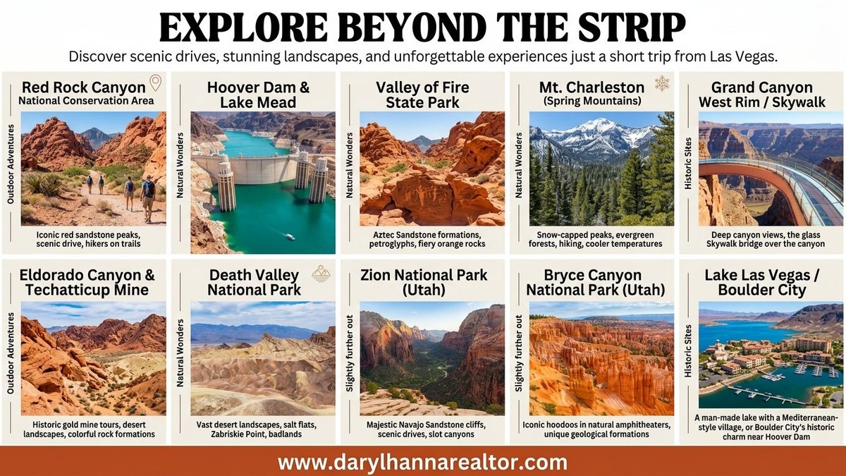 A grid of 9 photos showcasing outdoor adventures near Las Vegas, including canyons, mountains, and lakes.
