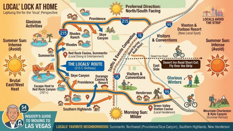 An illustrated map of Las Vegas, showing local routes, neighborhoods, activities, and weather patterns.