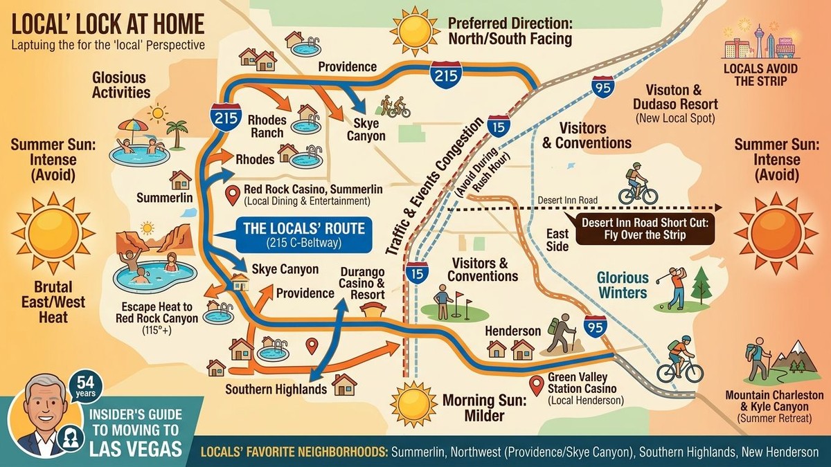 An illustrated map of Las Vegas, showing local routes, neighborhoods, activities, and weather patterns.