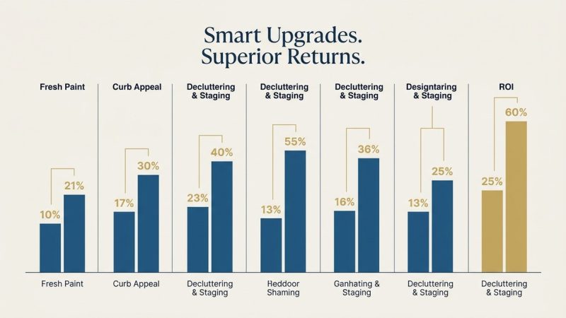 Bar chart comparing ROI percentages for various low-cost home upgrades Las Vegas, like fresh paint and staging.