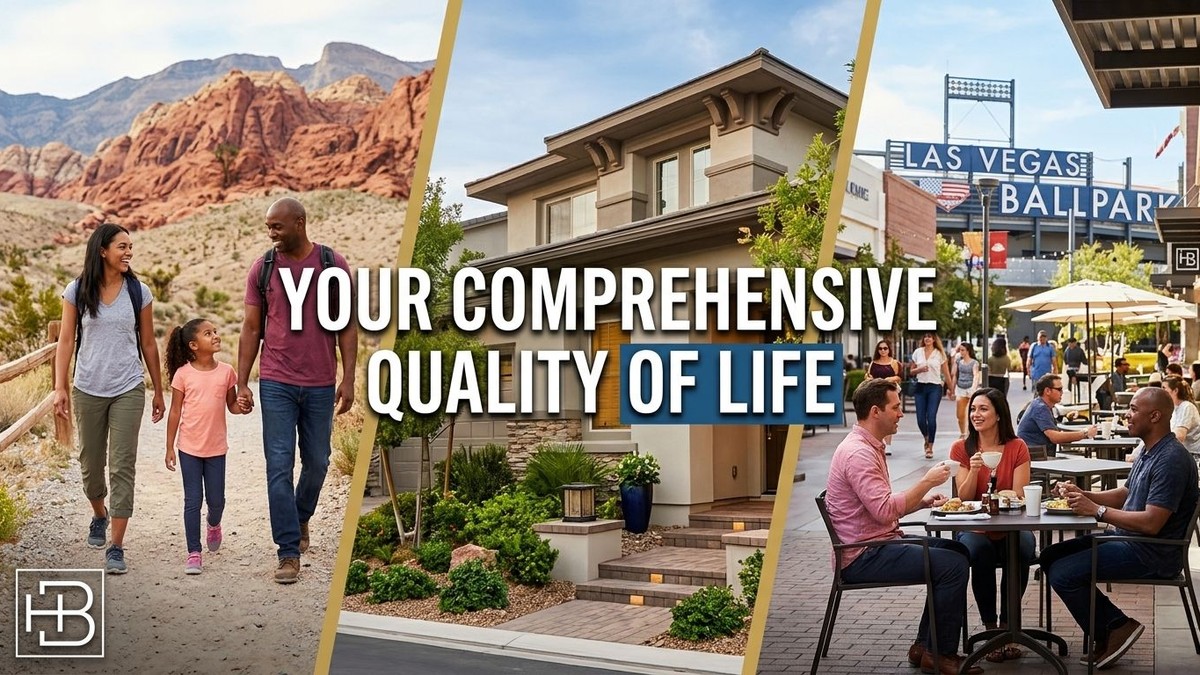 Family hiking with red rock mountains, a modern house, and people dining outdoors near a ballpark.