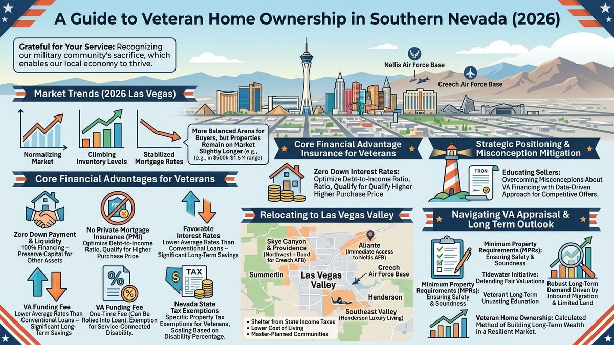 Infographic on veteran home ownership in Southern Nevada, showing market trends, financial advantages, and relocation.