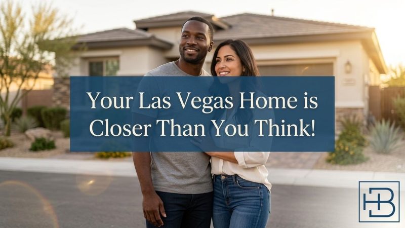 A happy couple stands in front of a modern desert home with a blue text overlay.