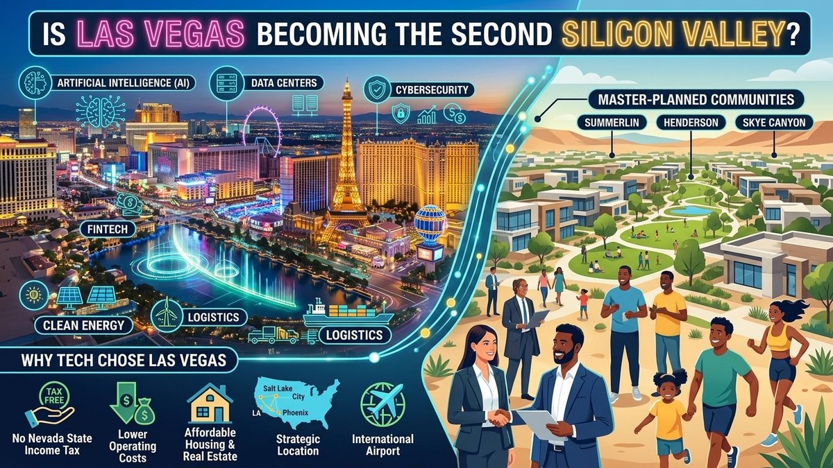 Las Vegas skyline at night, with icons for AI, fintech, and logistics, next to a suburban community.