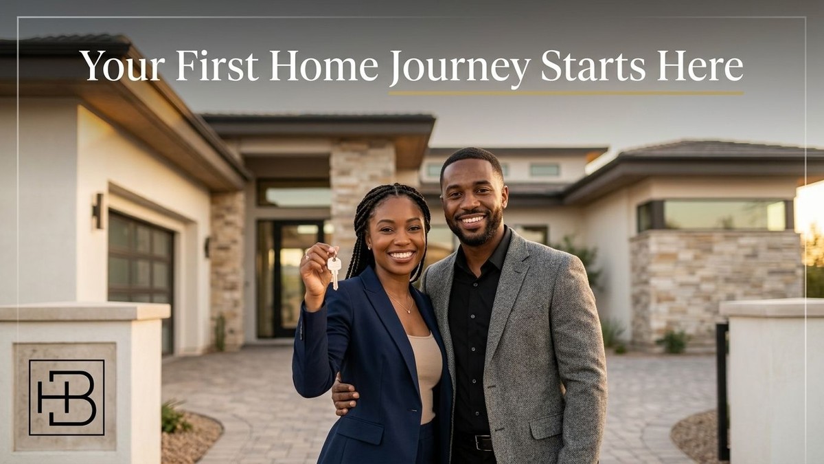 A smiling couple stands in front of their new modern home; the woman holds up a house key.