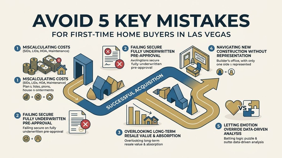 Infographic: "Avoid 5 Key Mistakes for First-Time Home Buyers in Las Vegas" with icons and text.