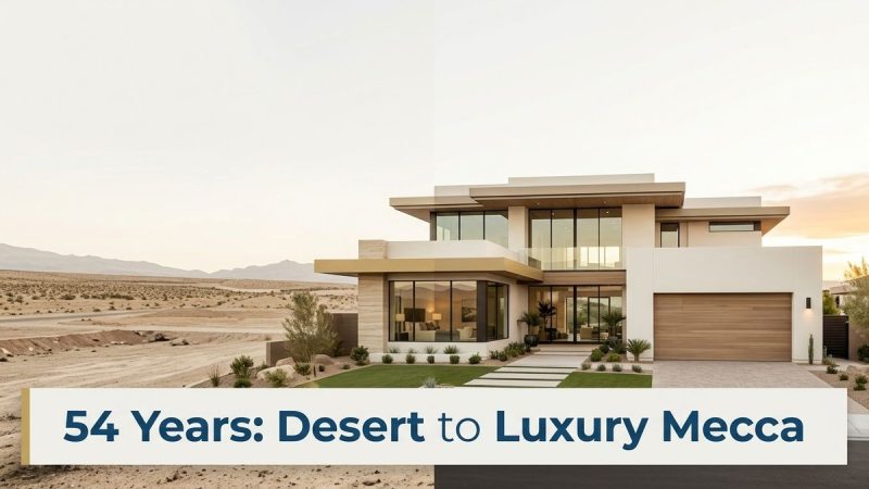 A modern luxury home with a manicured lawn in a desert landscape, mountains in the background.