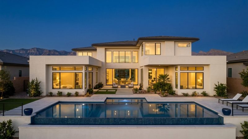 Modern luxury home with a pool and mountain views at dusk, reflecting the Las Vegas real estate market.