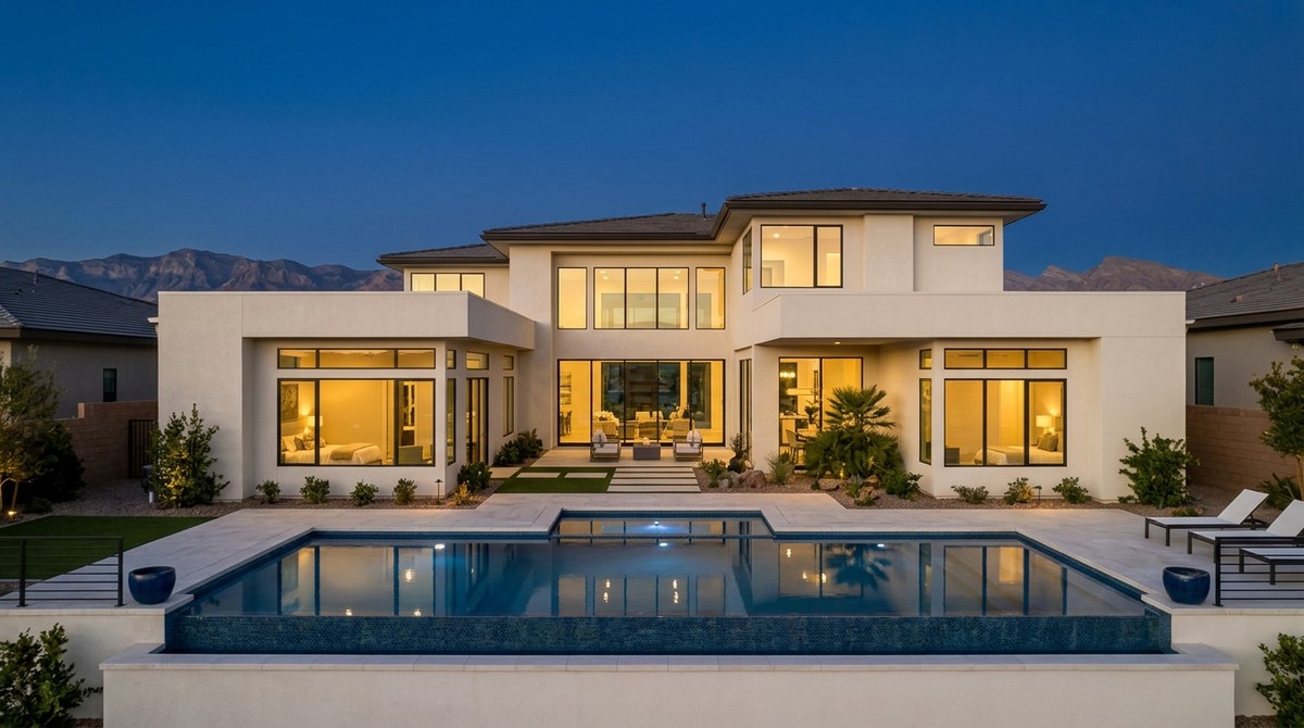 Modern luxury home with a pool and mountain views at dusk, reflecting the Las Vegas real estate market.