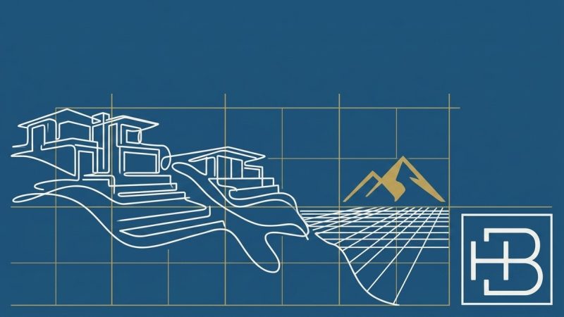Blueprint-style drawing on blue: a luxury home, mountains, and a grid, framed by a company logo.