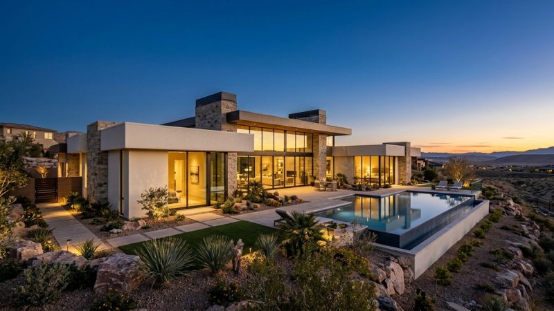 Modern luxury home with an infinity pool overlooking a desert landscape at sunset, Las Vegas real estate market.