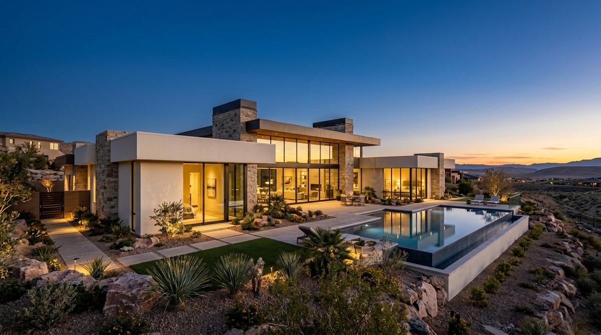 Modern luxury home with an infinity pool overlooking a desert landscape at sunset, Las Vegas real estate market.