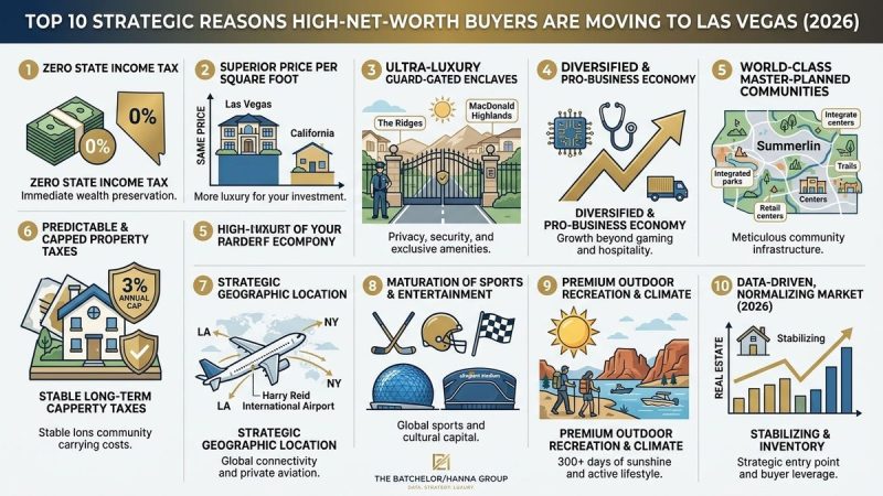 Infographic detailing 10 reasons high-net-worth buyers are moving to Las Vegas, with icons for taxes, housing, and lifestyle.