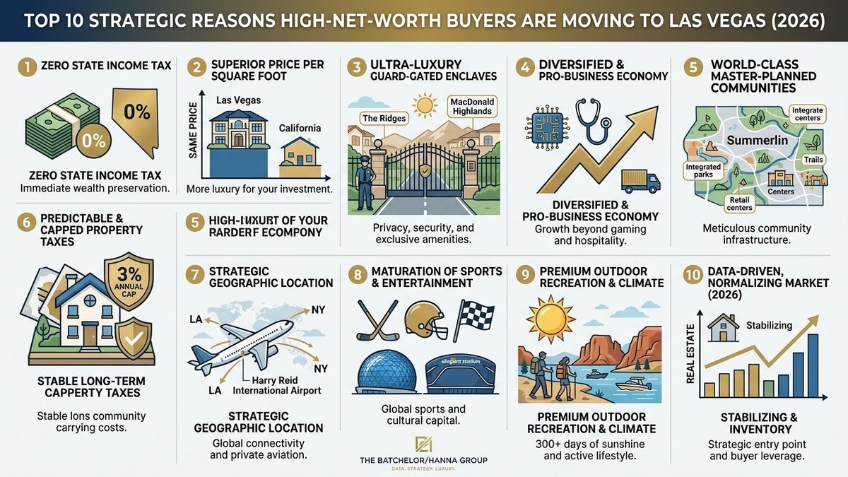 Infographic detailing 10 reasons high-net-worth buyers are moving to Las Vegas, with icons for taxes, housing, and lifestyle.