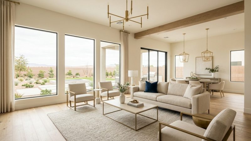 A modern living room with large windows overlooking a desert landscape, ideal for buying new construction in Las Vegas.