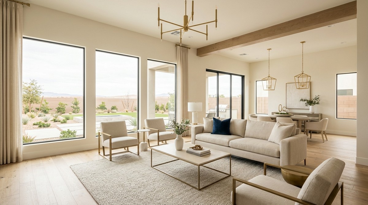A modern living room with large windows overlooking a desert landscape, ideal for buying new construction in Las Vegas.