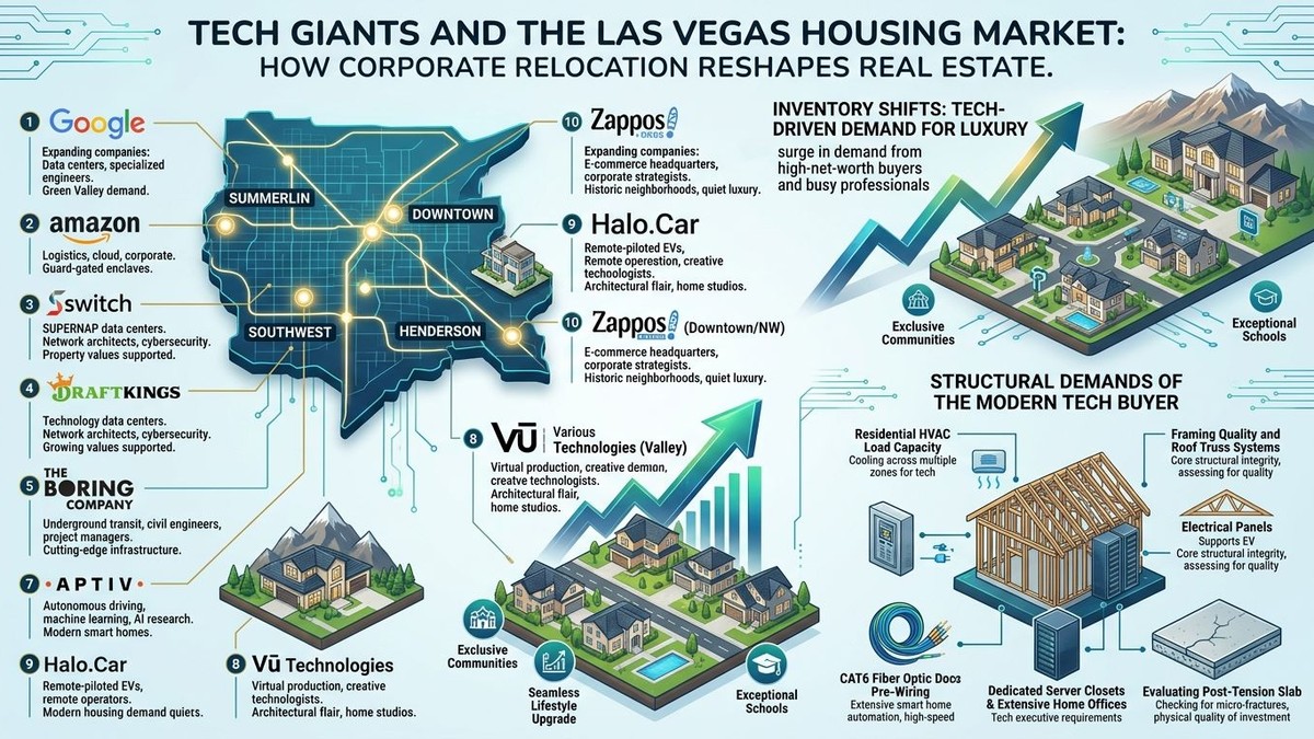 Infographic showing tech companies' impact on the Las Vegas housing market, luxury homes, and modern buyer demands.