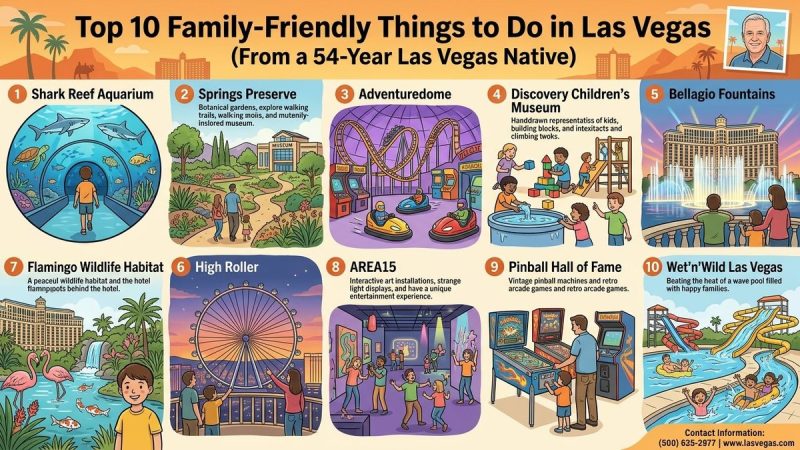 Cartoon grid of 10 Las Vegas family activities, including an aquarium, museum, theme park, and water park.