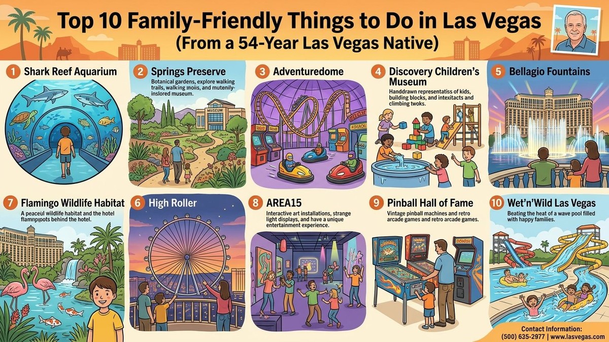 Cartoon grid of 10 Las Vegas family activities, including an aquarium, museum, theme park, and water park.