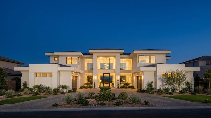 Modern luxury home at dusk with illuminated windows, a circular driveway, and desert landscaping.