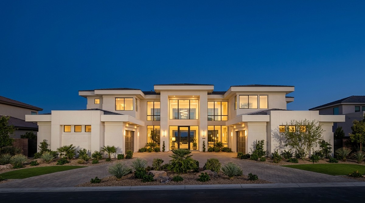 Modern luxury home at dusk with illuminated windows, a circular driveway, and desert landscaping.