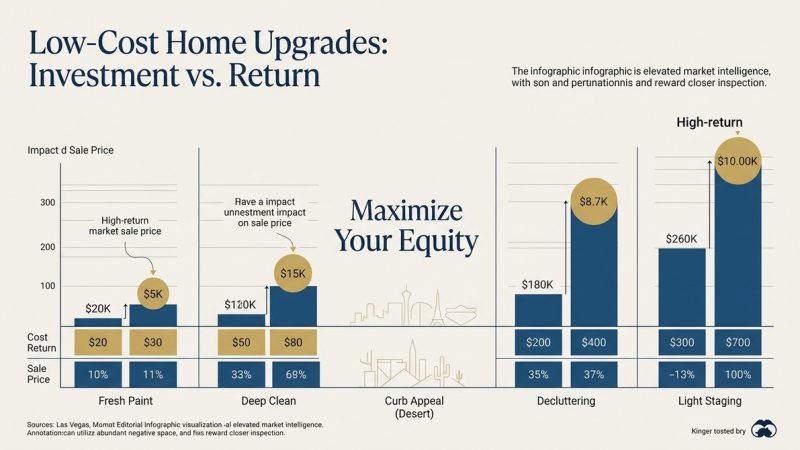 Infographic: "Low-Cost Home Upgrades: Investment vs. Return" shows bar charts for fresh paint, deep clean, decluttering, and