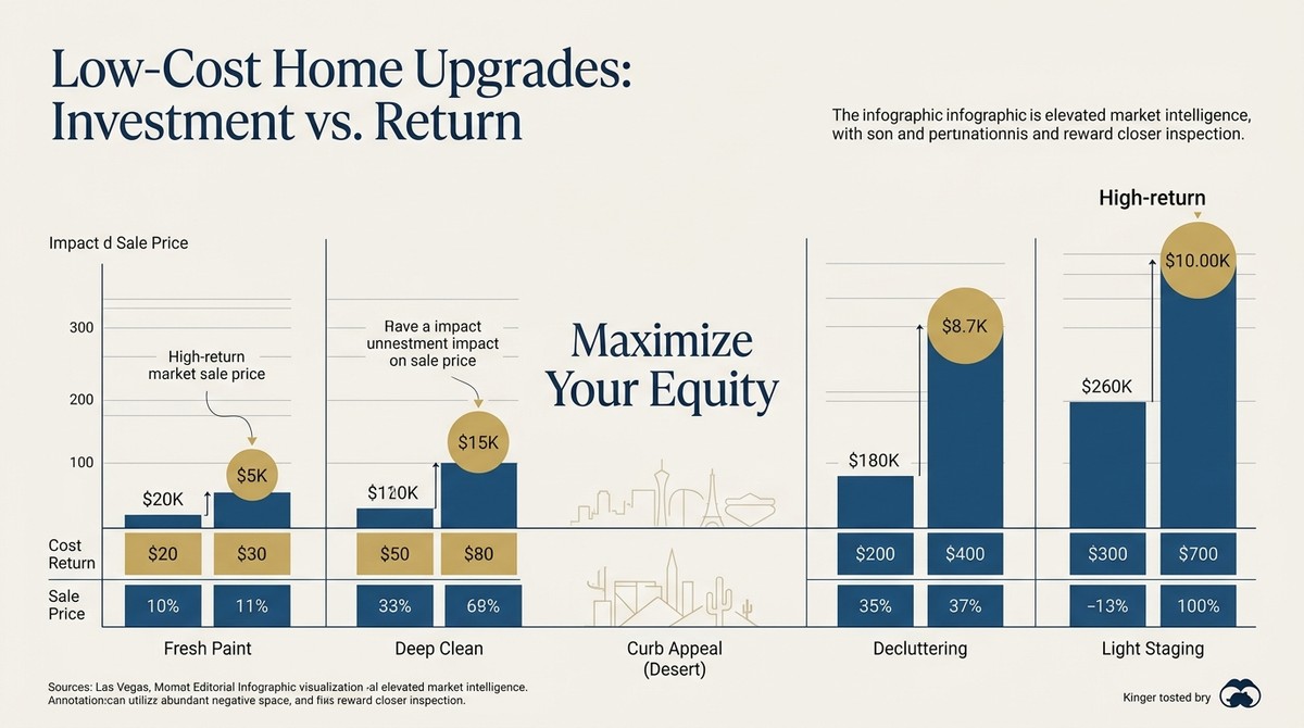 Infographic: "Low-Cost Home Upgrades: Investment vs. Return" shows bar charts for fresh paint, deep clean, decluttering, and