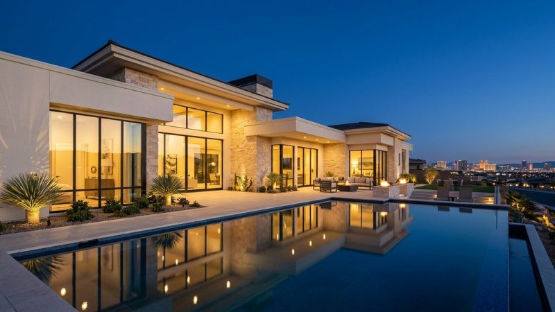 Modern luxury home with an infinity pool, patio furniture, and the Las Vegas skyline at dusk.