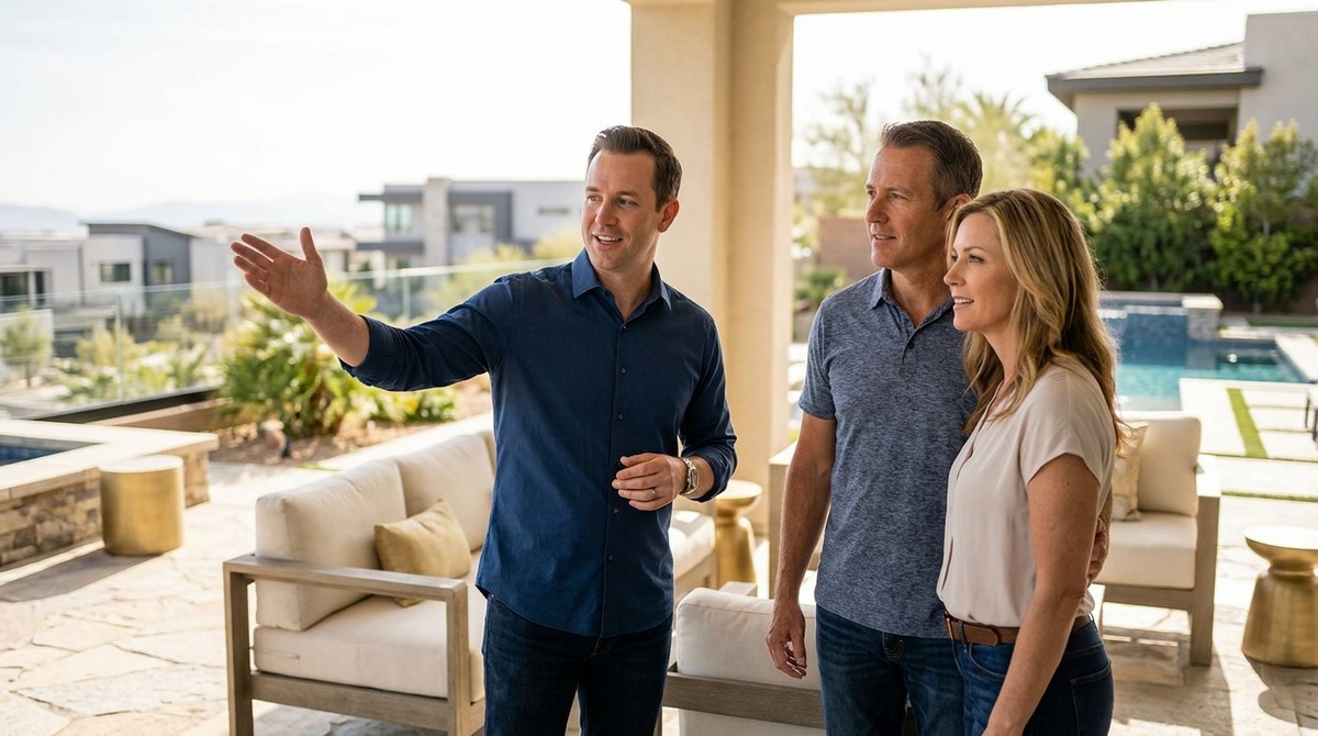 A realtor shows a couple a modern home's patio with a pool, outdoor seating, and distant houses.