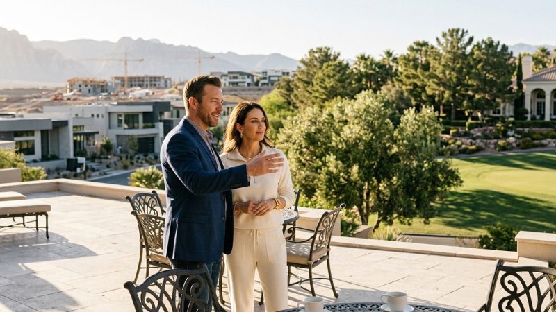 A man and woman on a patio overlooking a golf course, new homes, and mountains in the Summerlin luxury market.