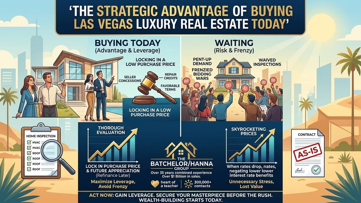 An infographic comparing buying Las Vegas luxury real estate now versus waiting, showing advantages and disadvantages.