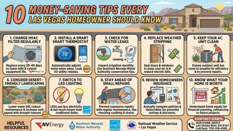 An infographic lists 10 money-saving tips for Las Vegas homeowners, with illustrations for each tip.