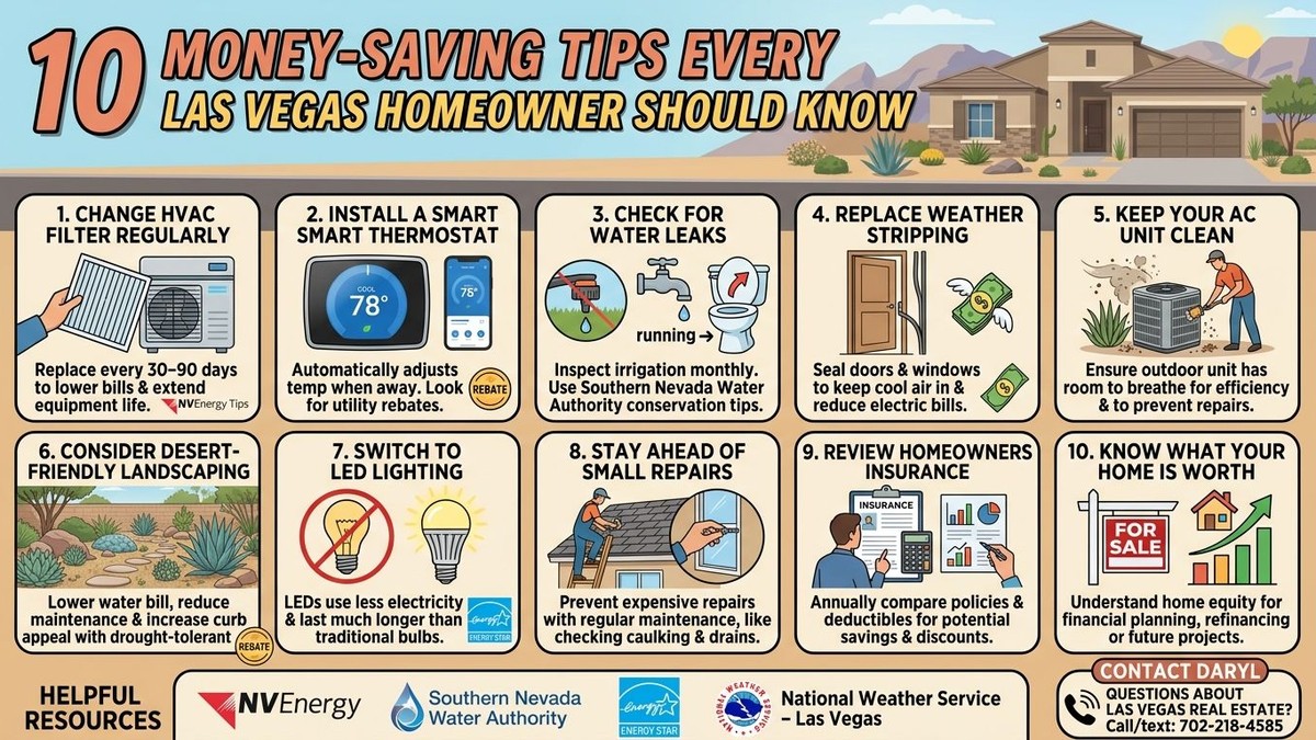 An infographic lists 10 money-saving tips for Las Vegas homeowners, with illustrations for each tip.