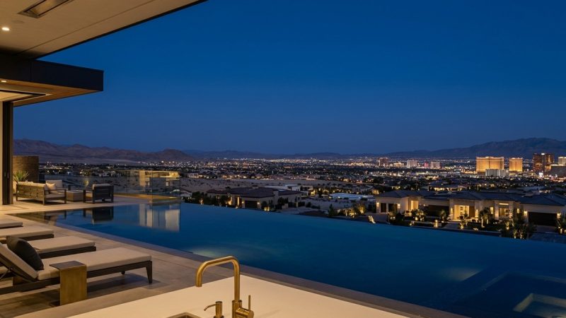 Modern home patio with infinity pool overlooking the illuminated Las Vegas cityscape and mountains at dusk.