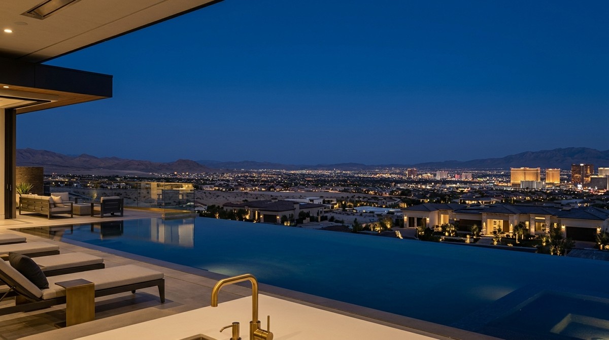 Modern home patio with infinity pool overlooking the illuminated Las Vegas cityscape and mountains at dusk.