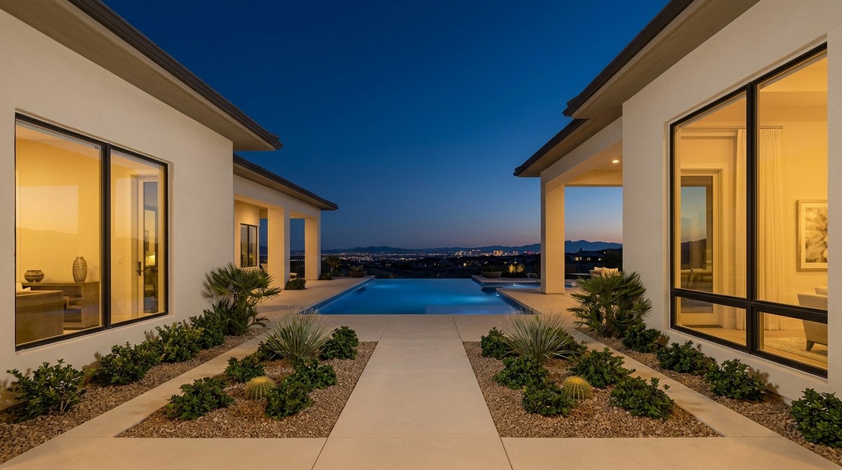 Modern luxury home with infinity pool overlooking the illuminated Las Vegas real estate market at dusk.