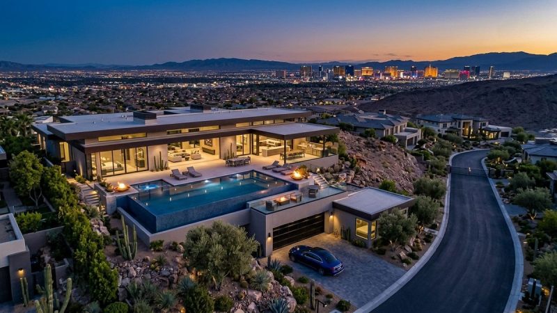 A modern luxury home with an infinity pool and fire pits, overlooking the illuminated Las Vegas Strip at dusk.
