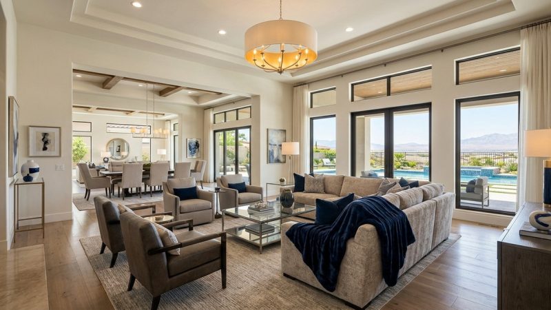 A luxurious living room with a dining area, large windows, and a view of a pool and mountains.