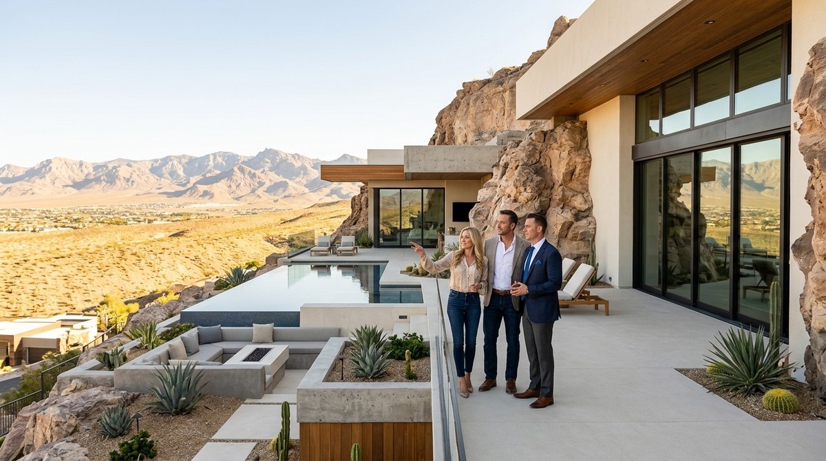 Three people on a modern patio with an infinity pool, overlooking a desert valley and mountains.