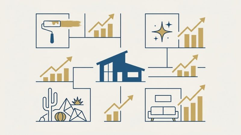 Blue house surrounded by icons for painting, cleaning, desert landscaping, and staging, each with an upward graph.