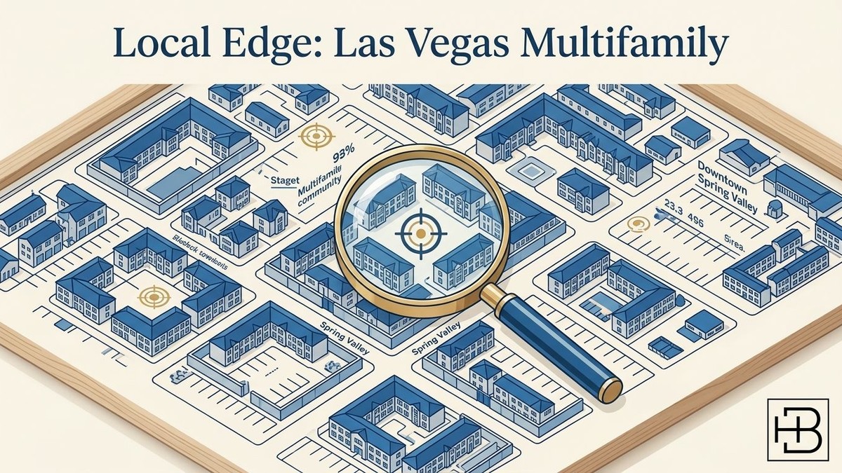 An illustrated map of a city with blue buildings, roads, and a magnifying glass focusing on a target.