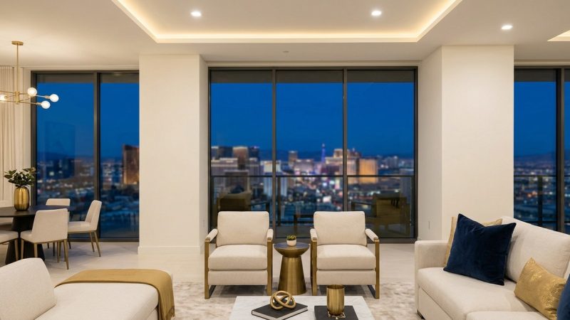 Modern living room with floor-to-ceiling windows overlooking the Las Vegas skyline at dusk.