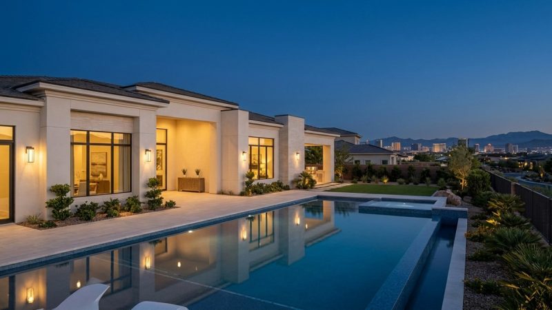 Luxury home at dusk with a pool, patio, and distant Las Vegas skyline against mountains.