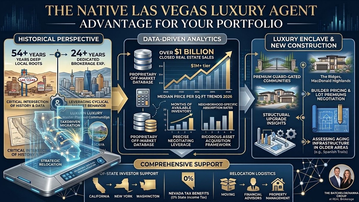 Infographic detailing the advantages of a Las Vegas luxury real estate agent, with data, housing, and support sections.