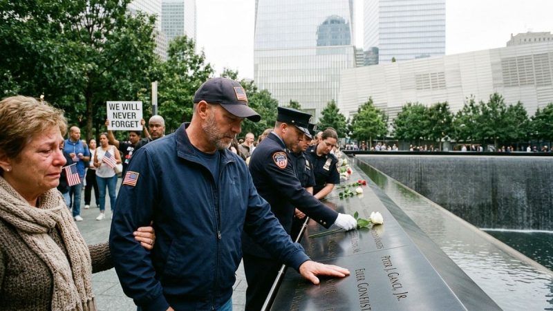 A woman cries, holding a man's arm as he touches a memorial wall with names. Police place roses.