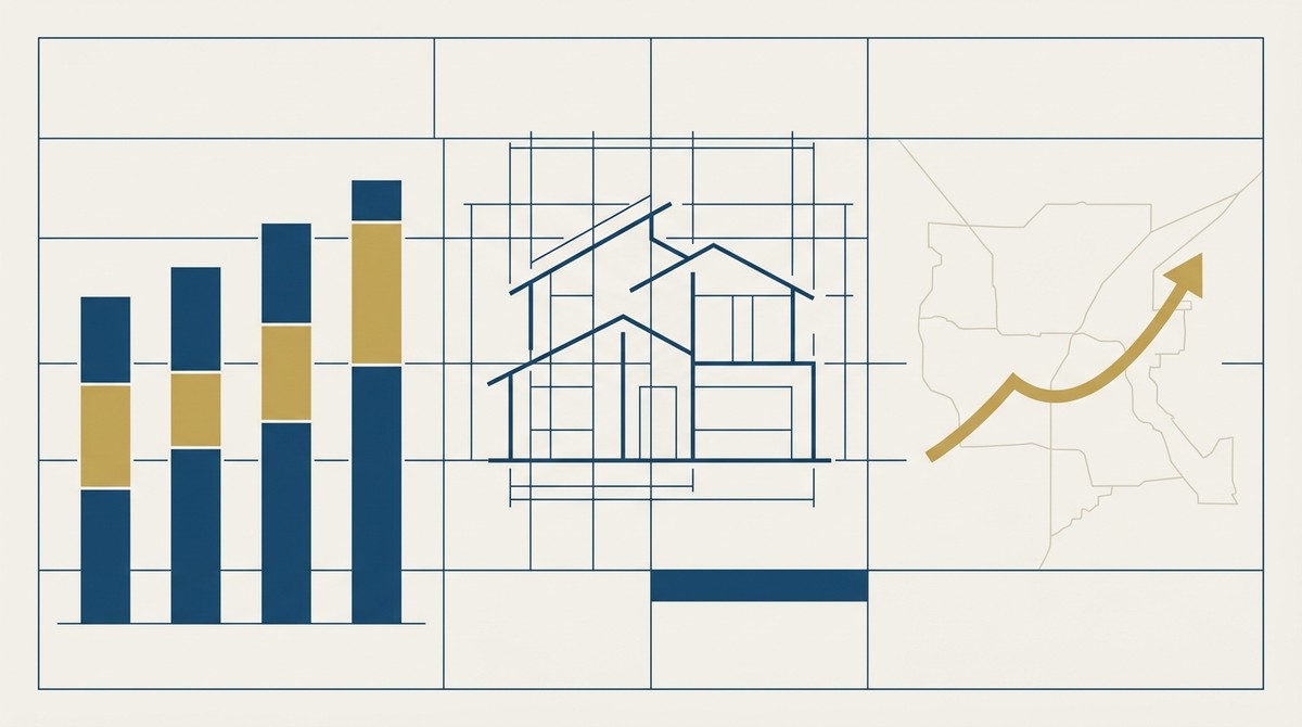Bar chart, house blueprint, and map with an upward arrow, representing North Las Vegas new construction growth.